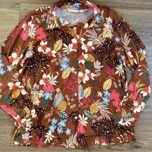 Susan Graver Long Sleeve Button Up Floral Bird Shirt Liquid Knit Top Brown Small